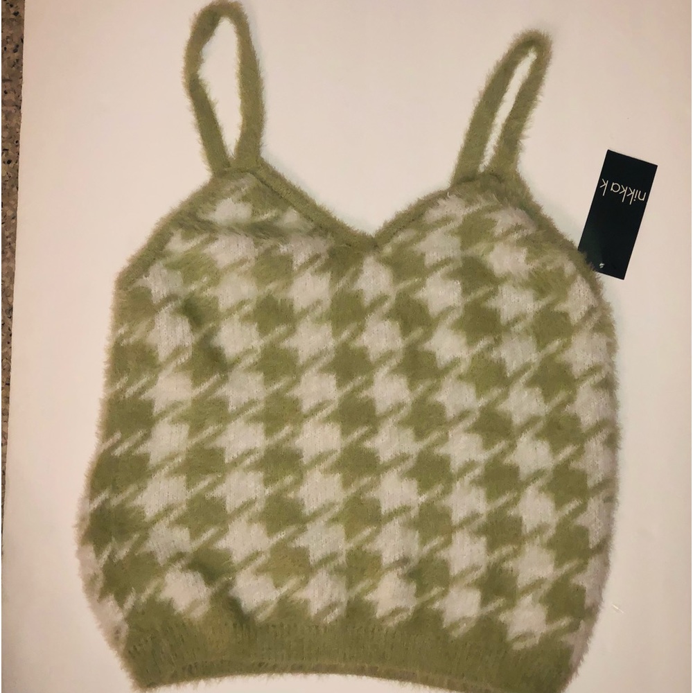 NWT Nikka K Y2K Fuzzy Houndstooth Spaghetti Cropped Tank Top Size L Sage Gr/Wht - Picture 4 of 11